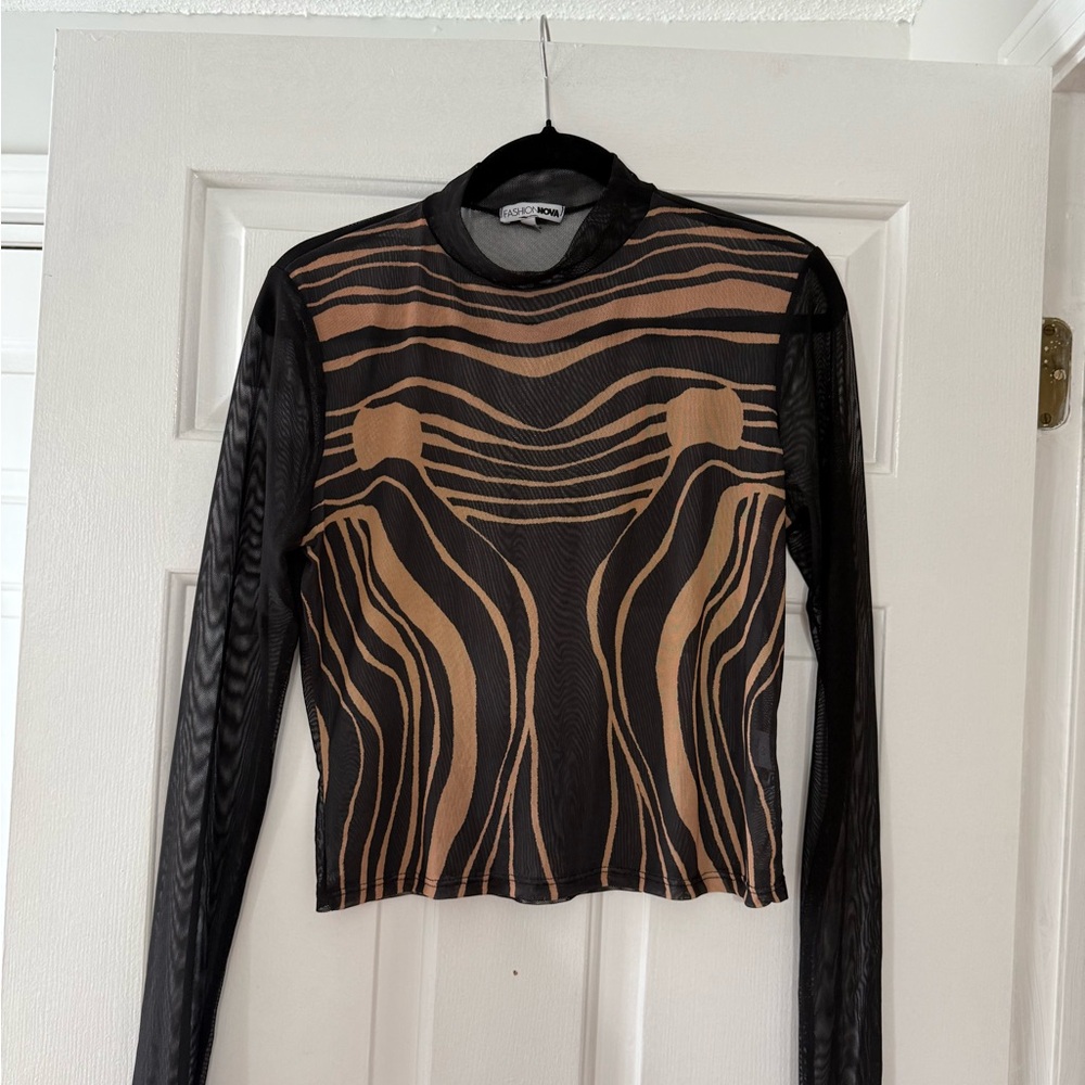 Black & Tan Mesh Long-Sleeve Top